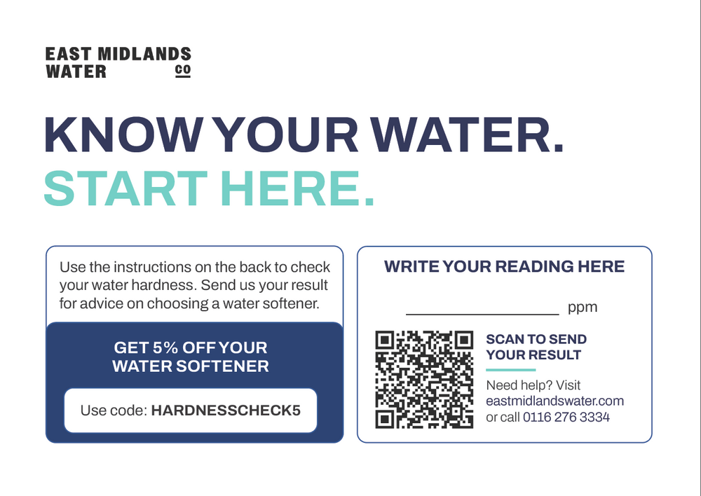 The East Midlands Water hardness test card included with the kit